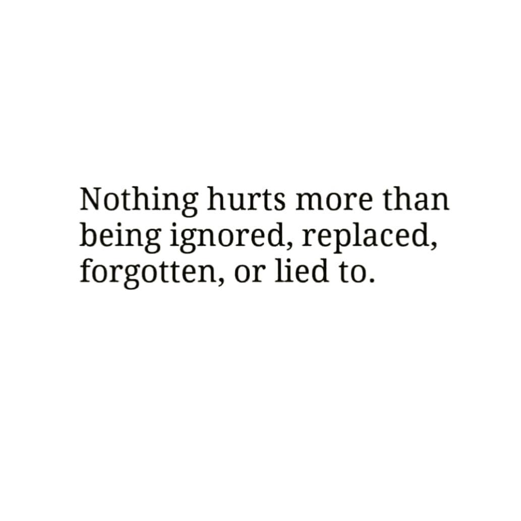 Nothing hurts more than
being ignored, replaced
forgotten, or lied to.
