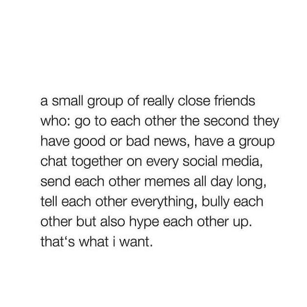 small group of really close friends
who: go to each other the second they
have good or bad news, have a group
chat together on every social media,
send each other memes all day long,
tell each other everything, bully each
other but also hype each other up
that's what i want.
L EINQUOTES.COM
