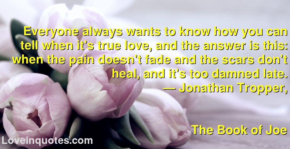 
Everyone always wants to know how you can tell when it's true love, and the answer is this: when the pain doesn't fade and the scars don't heal, and it's too damned late.
― Jonathan Tropper,
The Book of Joe