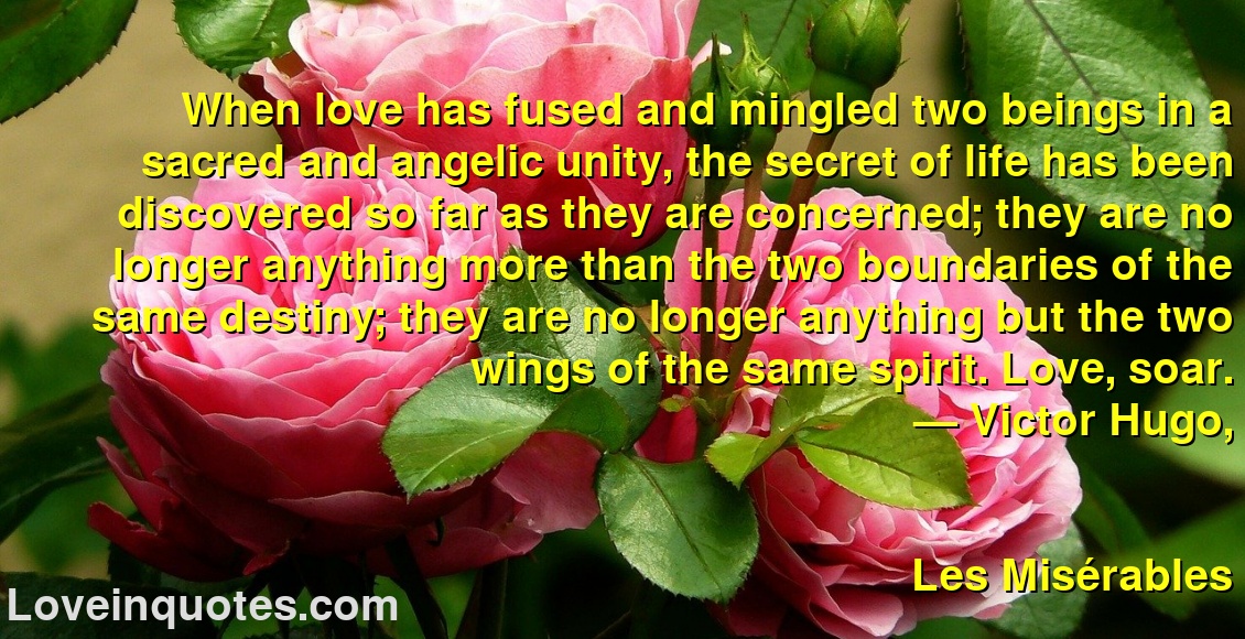 
When love has fused and mingled two beings in a sacred and angelic unity, the secret of life has been discovered so far as they are concerned; they are no longer anything more than the two boundaries of the same destiny; they are no longer anything but the two wings of the same spirit. Love, soar.
― Victor Hugo,
Les Misérables