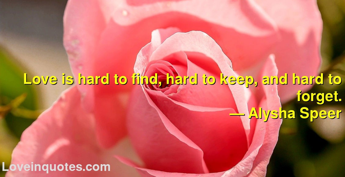 
Love is hard to find, hard to keep, and hard to forget.
― Alysha Speer