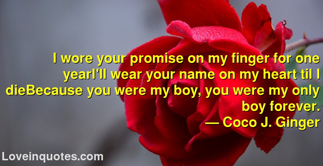 
I wore your promise on my finger for one yearI'll wear your name on my heart til I dieBecause you were my boy, you were my only boy forever.
― Coco J. Ginger