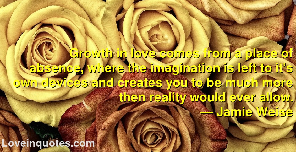 
Growth in love comes from a place of absence, where the imagination is left to it’s own devices and creates you to be much more then reality would ever allow.
― Jamie Weise