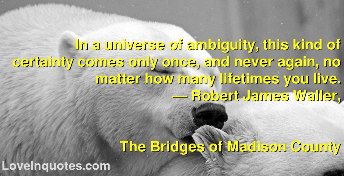 
In a universe of ambiguity, this kind of certainty comes only once, and never again, no matter how many lifetimes you live.
― Robert James Waller,
The Bridges of Madison County