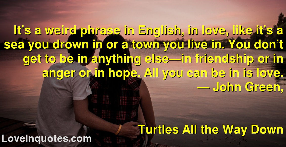 
It’s a weird phrase in English, in love, like it’s a sea you drown in or a town you live in. You don’t get to be in anything else—in friendship or in anger or in hope. All you can be in is love.
― John Green,
Turtles All the Way Down