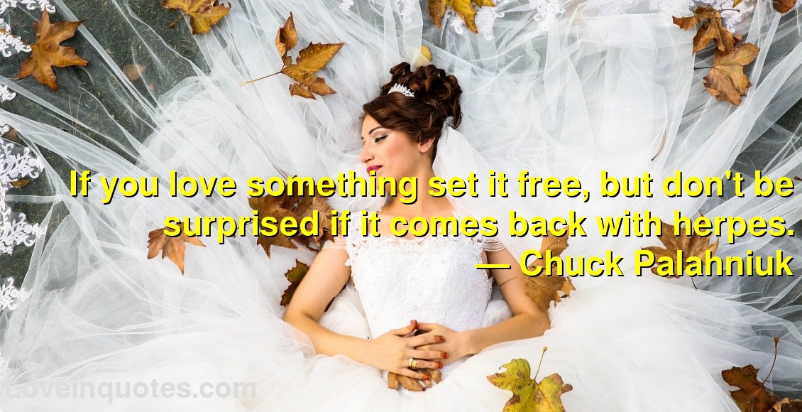 
If you love something set it free, but don't be surprised if it comes back with herpes.
― Chuck Palahniuk
