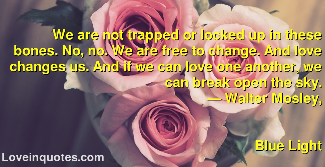 
We are not trapped or locked up in these bones. No, no. We are free to change. And love changes us. And if we can love one another, we can break open the sky.
― Walter Mosley,
Blue Light