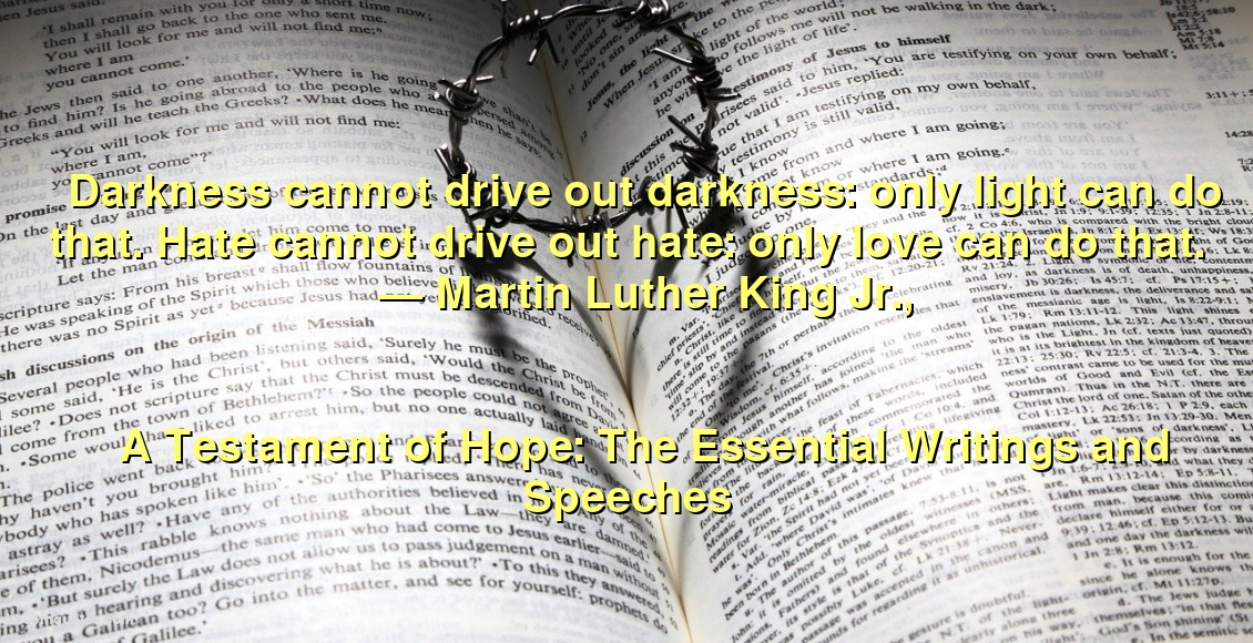 
Darkness cannot drive out darkness: only light can do that. Hate cannot drive out hate: only love can do that.
― Martin Luther King Jr.,
A Testament of Hope: The Essential Writings and Speeches