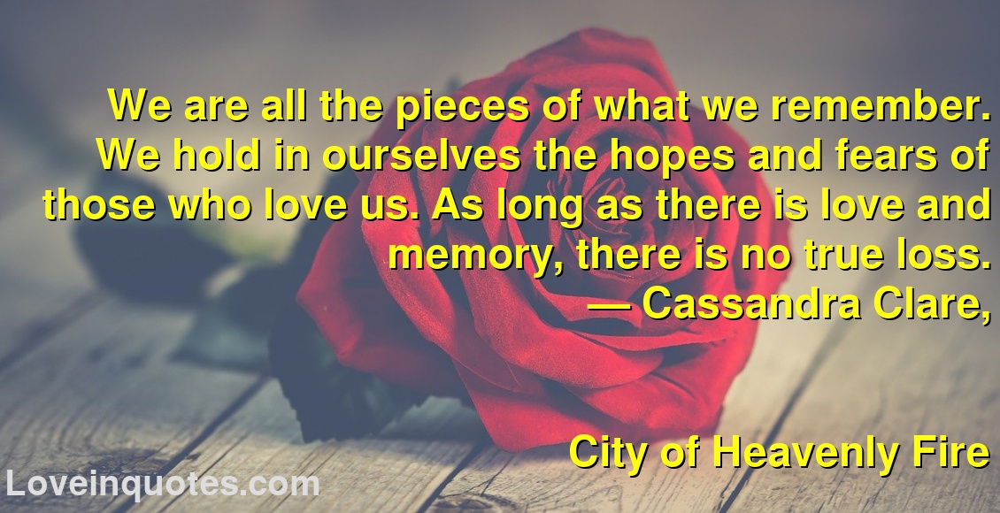 
We are all the pieces of what we remember. We hold in ourselves the hopes and fears of those who love us. As long as there is love and memory, there is no true loss.
― Cassandra Clare,
City of Heavenly Fire