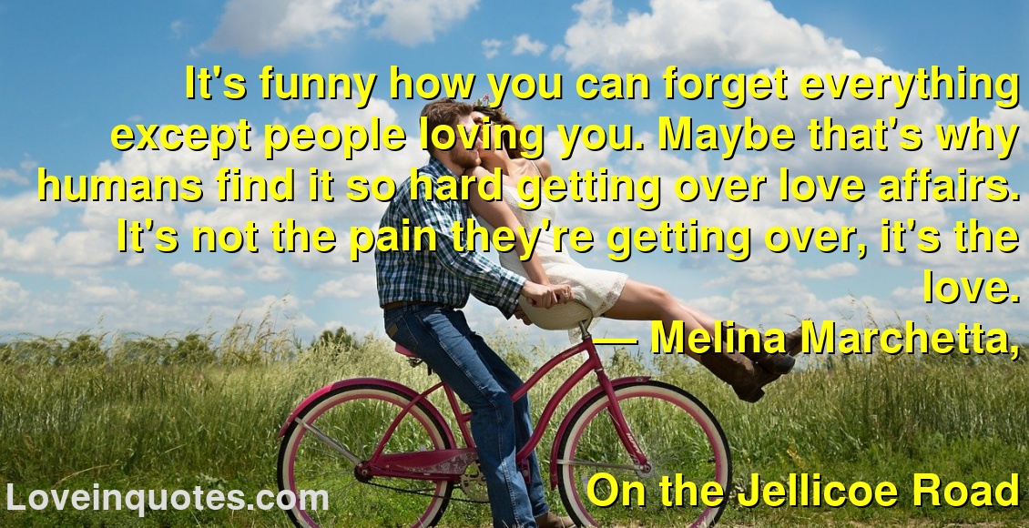 
It's funny how you can forget everything except people loving you. Maybe that's why humans find it so hard getting over love affairs. It's not the pain they're getting over, it's the love.
― Melina Marchetta,
On the Jellicoe Road