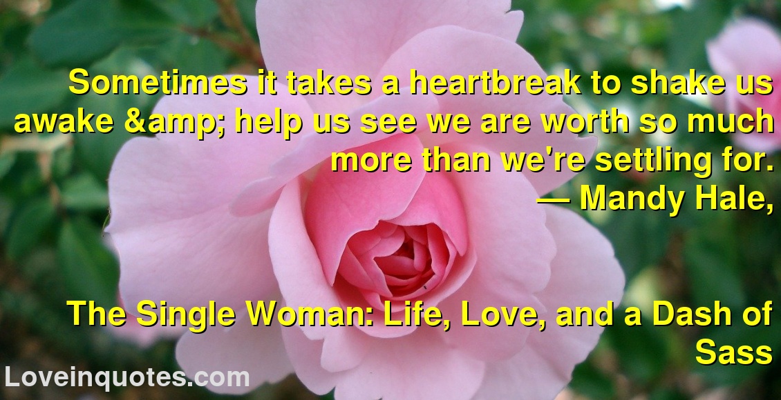 
Sometimes it takes a heartbreak to shake us awake & help us see we are worth so much more than we're settling for.
― Mandy Hale,
The Single Woman: Life, Love, and a Dash of Sass