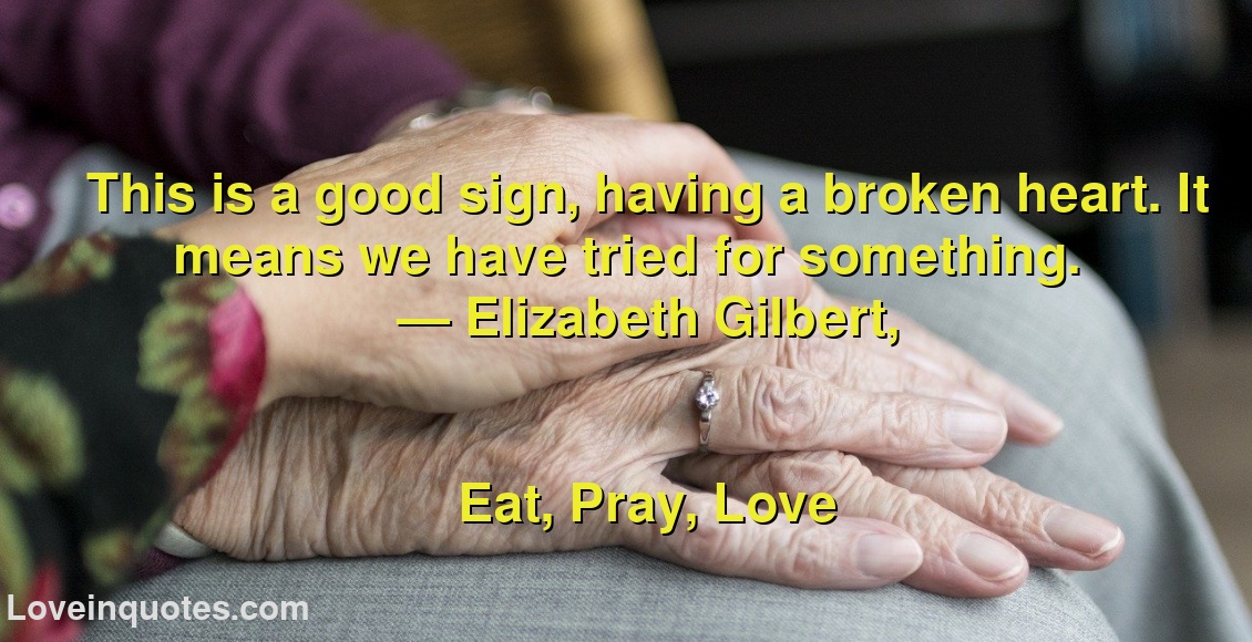 
This is a good sign, having a broken heart. It means we have tried for something.
― Elizabeth Gilbert,
Eat, Pray, Love