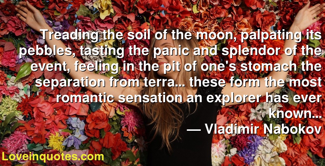 Treading the soil of the moon, palpating its pebbles, tasting the panic and splendor of the event, feeling in the pit of one's stomach the separation from terra... these form the most romantic sensation an explorer has ever known...
― Vladimir Nabokov